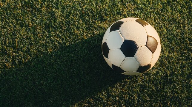 A close-up of a classic soccer ball resting on green grass, ideal for sports-themed projects and soccer-related content.
