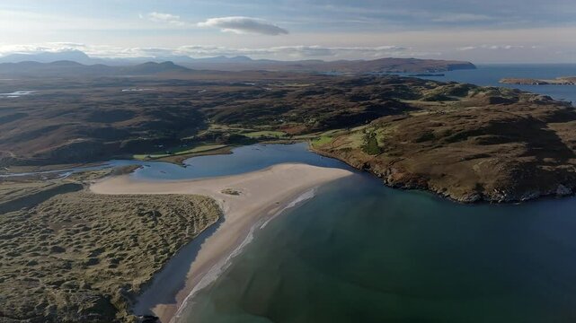 Torrisdale Bay and sandy beach at the mouth of the River Naver near Bettyhill and Invernaver, Sutherland, Scottish Highlands, Scotland, UK