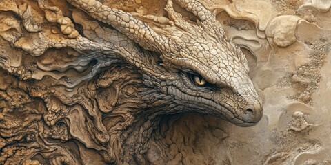 Majestic stone dragon emerges gracefully from ancient earth texture