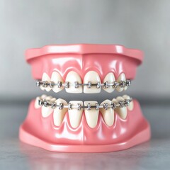 Realistic dental model showcasing braces, emphasizing oral health and orthodontic care for education and awareness.