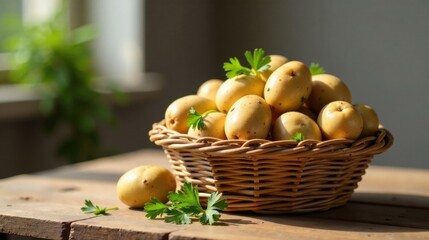 A sunlit wicker basket overflowing with freshly harvested yellow potatoes, garnished with vibrant green parsley sprigs, rests on a rustic wooden surface.