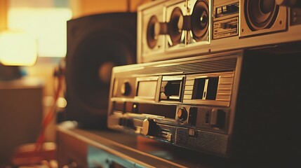 Fototapeta premium Vintage stereo system with cassette player and boombox.