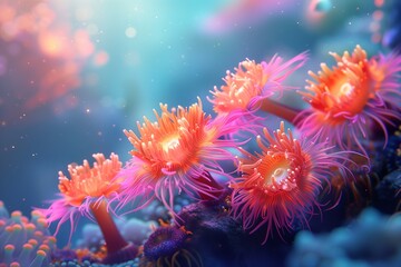Vibrant coral polyps illuminated in a colorful underwater scene.