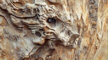 Stone carving depicts a dragon head with visible eyes