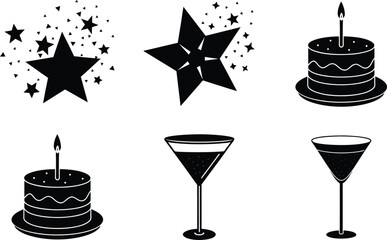 Celebration Icons Stars, Cakes, Drinks, Party, Festive, Joyful, Birthday, Event, Silhouette, Graphic