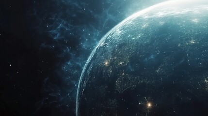 Obraz premium Exploring global connectivity through minimalist digital earth concepts in a cosmic environment
