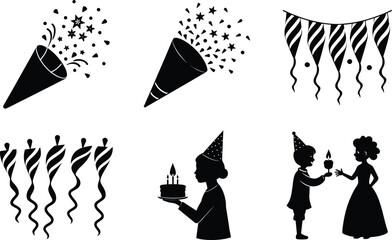 Fototapeta premium Party Icons Celebration, Confetti, Cake, Candles, Bunting, Fun