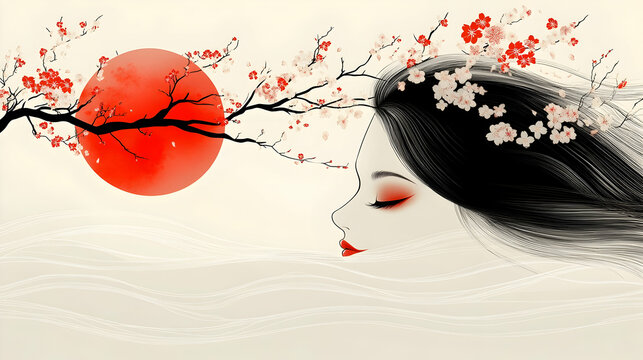 Woman with cherry blossoms, serene profile, soft background, artistic, digital illustration