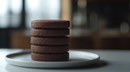 Stacked chocolate cookies on white plate in modern kitchen