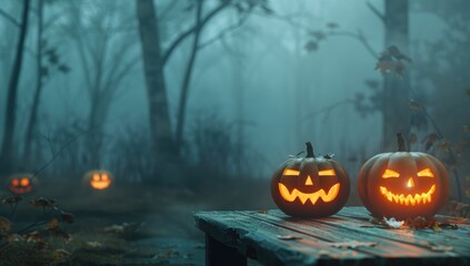 Traditional Halloween pumpkin glowing in the dark,on a wooden table. Halloween greeting card concept,dark atmosphere,web banner with empty space for text