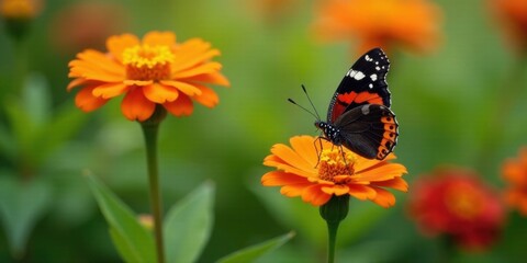 Fototapeta premium A vibrant butterfly delicately perched on a bright orange flower, surrounded by a lush garden of similar blooms, creating a picturesque scene of natural beauty and tranquility.