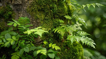 A close-up of a tree trunk covered in thick, green moss and delicate ferns growing at its base.