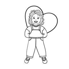 Vector Outline Illustration of a Little Girl Holds a Heart-Shaped Picture Behind Her Back Isolated on White Background