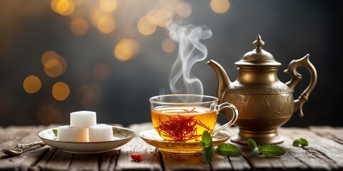 Fototapeta premium Warm saffron tea served in a clear cup with a steaming teapot and sugar cubes on a rustic wooden table