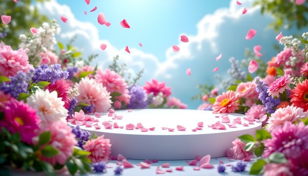 Un pedestal circular blanco rodeado por una variedad de flores coloridas, incluidas flores rosadas y moradas. El fondo presenta un cielo azul brillante con nubes suaves y toques de vegetaci&oacute;n
