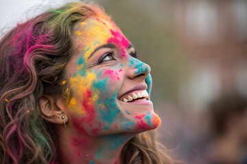 Naklejka premium Portrait of happy young indian woman on holi color with gulal powder on her face. Girl celedtating Holi, Indian festival