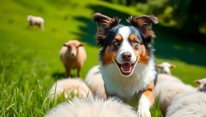 Fototapeta premium a herd of sheep standing on top of a lush green field
