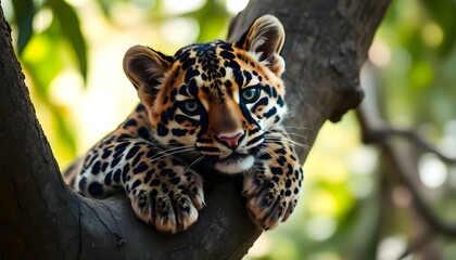 Obraz premium a small leopard sitting on top of a tree branch