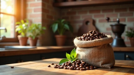 A burlap sack brimming with aromatic roasted coffee beans rests on a rustic wooden surface, bathed in warm sunlight, near a vintage grinder and lush green plants in terracotta pots.