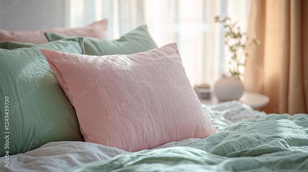 Poster pastel hues of pink and green create a calming atmosphere in a minimalistic bedroom. the smooth text