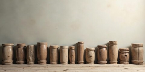 Naklejka premium A Collection of Rustic Wooden Architectural Elements Arranged on a Wooden Surface Against a Neutral Background