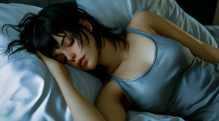 Obraz premium A beautiful woman sleeping in bed, she is wearing a grey tank top and white sheets