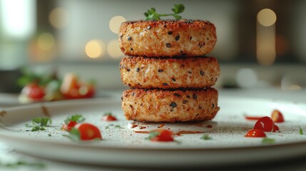 Stacked rice cakes, kitchen, food presentation, blurred salad background