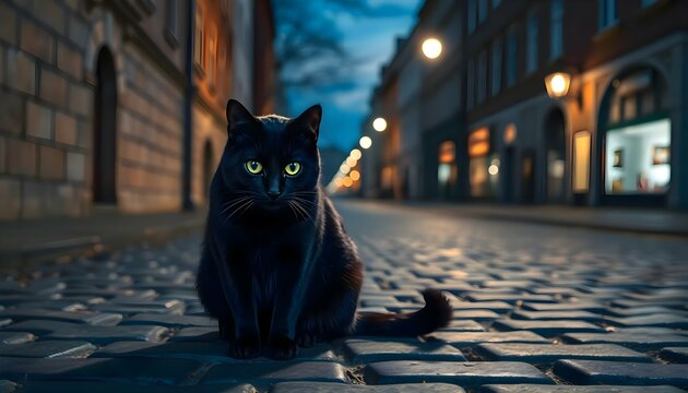 a black cat sitting on a cobblestone street