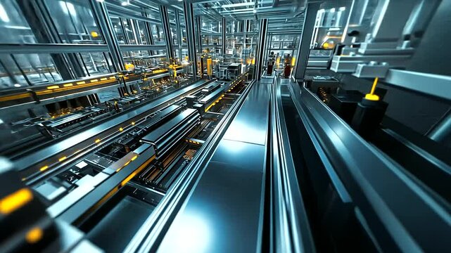 Overhead view of an advanced pharmaceutical factory, highlighting large stainless steel reactors, conveyor belts filled with medicine bottles