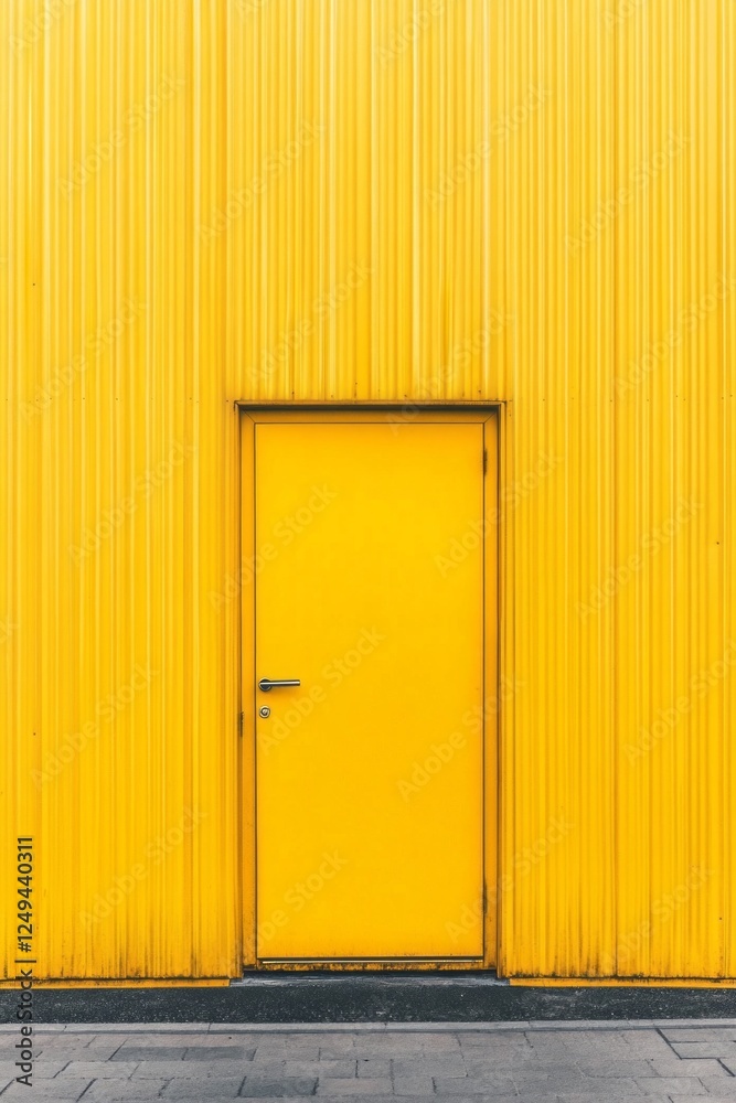 Poster bright yellow metal walls surround a single door, exemplifying minimalist industrial architecture. t