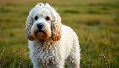 a white dog standing in a field of tall grass