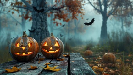 Traditional Halloween pumpkin glowing in the dark,on a wooden table. Halloween greeting card concept,dark atmosphere,web banner with empty space for text