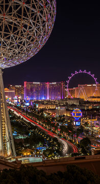 Las Vegas Strip at Night: High Roller, MSG Sphere, Cosmo, and Glittering Lights - A Neon Dreamscape of Sin City