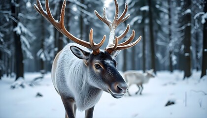 a deer with large antlers standing in the snow