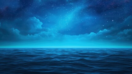 Night sky over a vast ocean, featuring numerous stars and clouds, digitally rendered with a pixelated effect.