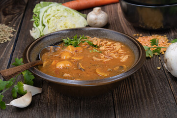 Mushroom and lentil soup topped with crispy onion, close up