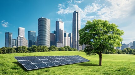 Eco-Friendly Cityscape: Sustainable Urban Living with Solar Power and Lush Greenery