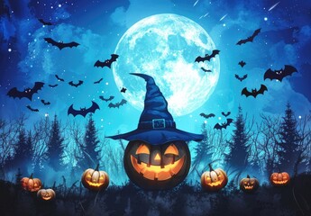 Halloween background with Pumpkins and bats in full moon night