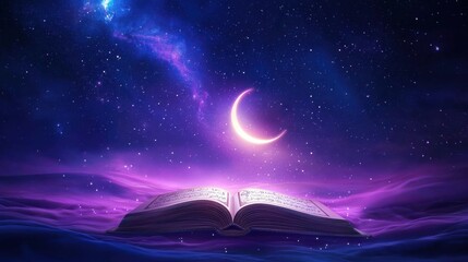 Naklejka premium Open book floating above clouds in starry night sky, crescent moon shining brightly, vibrant purple and violet colors, dreamy atmosphere, fantasy scene, celestial backdrop, mystical.