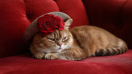 Cat in hat, resting on red velvet couch