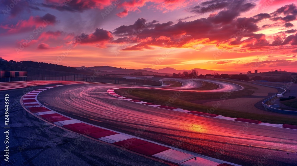 Poster golden and purple hues paint the sky above a winding race track as storm clouds gather in the distan