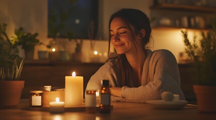 Serene woman enjoying aromatherapy at night, surrounded by candles and essential oils.