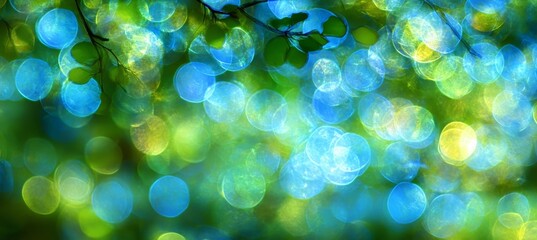 Obraz premium Abstract Blurred Bokeh of Sunshine in Nature, Green and Blue Background with Light Spots