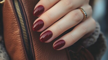 A stunning hand adorned with burgundy oval nails rests gracefully on a stylish bag. A delicate ring glimmers as the image captures a fashionable moment from 2018, elegantly posted online