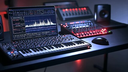 A moody, cinematic music production space with deep ambient lighting, a powerful synthesizer, a sleek mixing board, and a laptop displaying complex sound waveforms.
