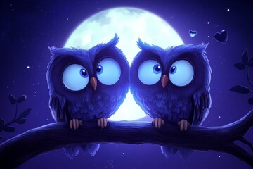 Fototapeta premium Two Owls in Love Under the Moon - Romantic cartoon owls perched on a branch, under a full moon, symbolizing love, togetherness, loyalty, night, and dreams.