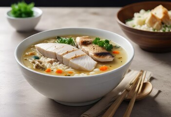 side view of a bowl of boiled rice soup with a piece of sea bass in the center, seafood, savory dish