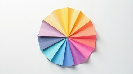 Obraz premium Pastel paper fan radiating vibrant hues, a spectrum of colors arranged in a circular design on a white background
