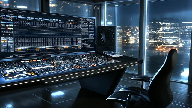 An elegant, futuristic recording studio with a glossy black mixing desk, a touch-screen interface for sound adjustments, and studio monitors strategically placed for precision audi