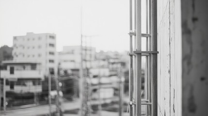 City view from window, ladder detail, urban background, construction site